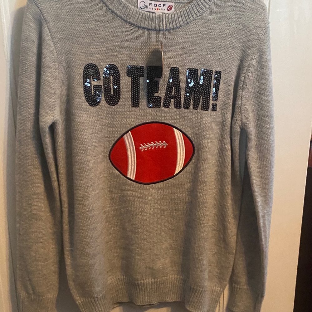 Poof! Gray Crewneck Sweater with Red Football Design